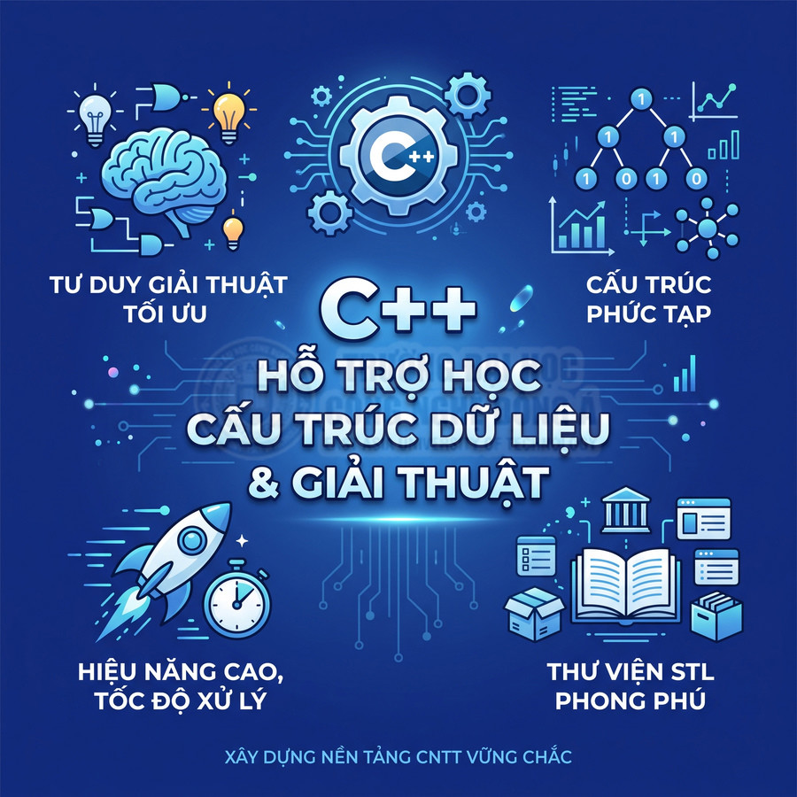Poster khóa học C++ hỗ trợ học cấu trúc dữ liệu và giải thuật với ưu điểm hiệu năng cao và thư viện STL phong phú