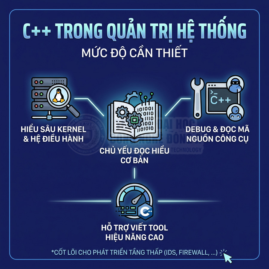 Infographic C++ trong quản trị hệ thống, nêu vai trò đọc hiểu cơ bản, debug, hiểu kernel và viết tool hiệu năng cao