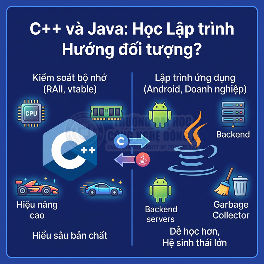 So sánh ưu nhược điểm C++ và Java trong lập trình hướng đối tượng, hiệu năng, bộ nhớ và ứng dụng backend, Android