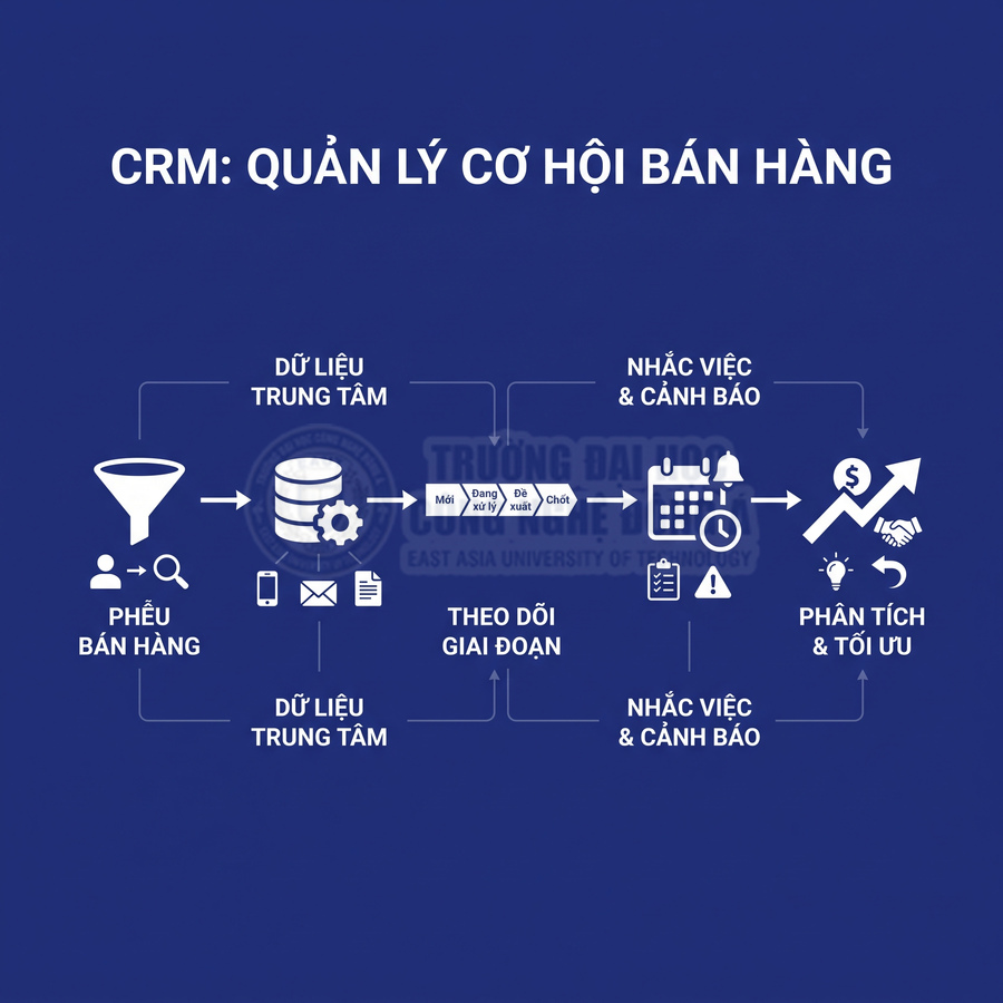 Quy trình CRM quản lý cơ hội bán hàng từ phễu bán hàng đến theo dõi, nhắc việc và phân tích tối ưu