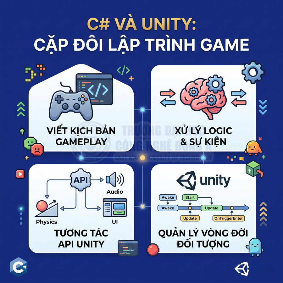 Poster giới thiệu C# và Unity trong lập trình game với các nội dung viết gameplay, xử lý logic, API Unity và vòng đời đối tượng