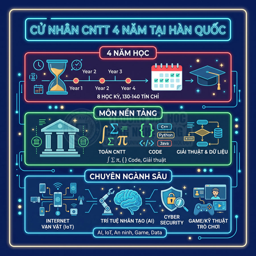 Infographic chương trình cử nhân CNTT 4 năm tại Hàn Quốc với môn nền tảng và các chuyên ngành IoT, AI, an ninh mạng, game