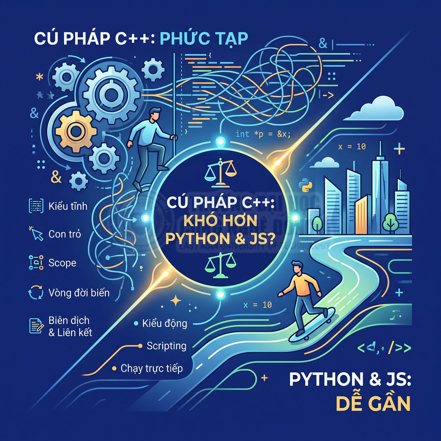 Minh họa so sánh cú pháp C++ phức tạp với Python và JavaScript dễ tiếp cận cho người mới học lập trình