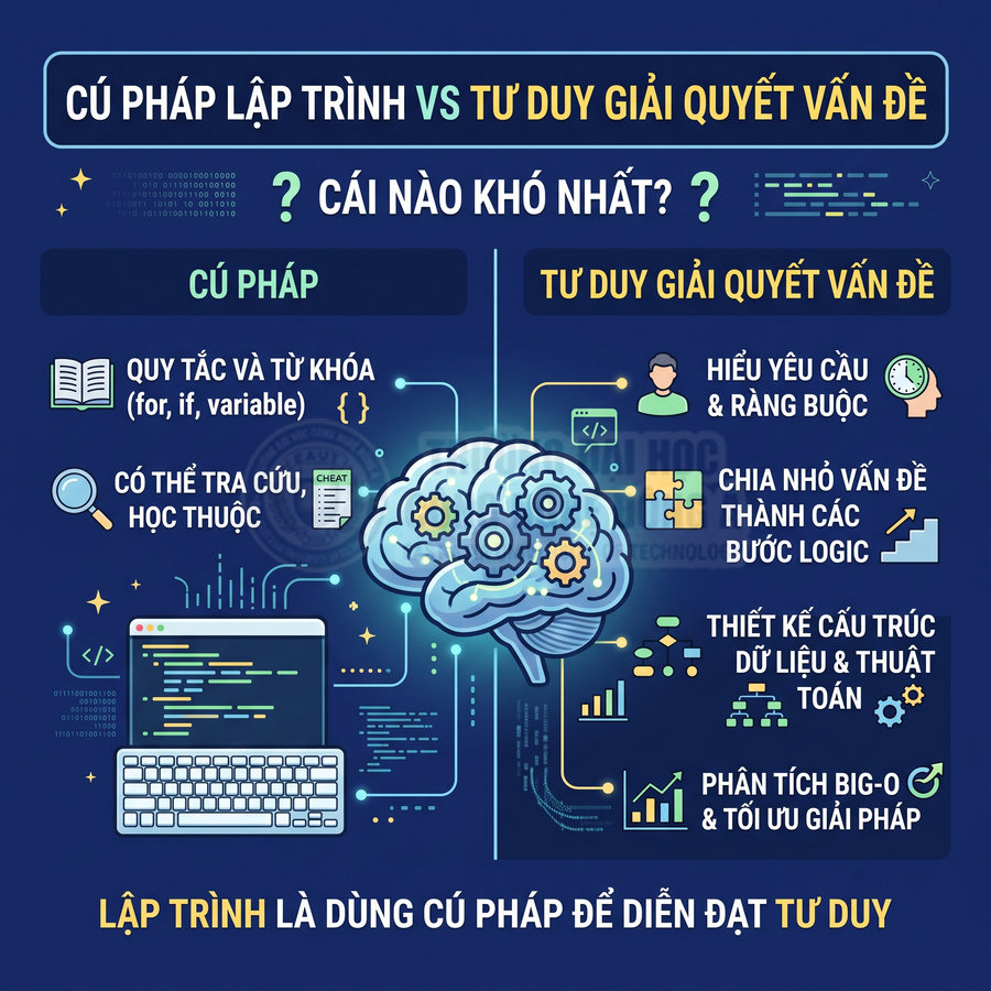 Minh họa so sánh cú pháp lập trình và tư duy giải quyết vấn đề với não bộ và màn hình code