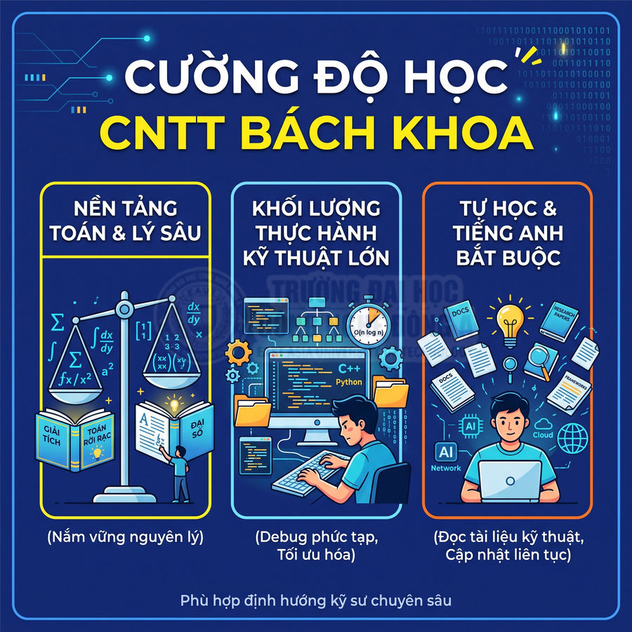 Minh họa cường độ học ngành CNTT Bách Khoa với nền tảng toán lý, thực hành lập trình và tự học tiếng Anh