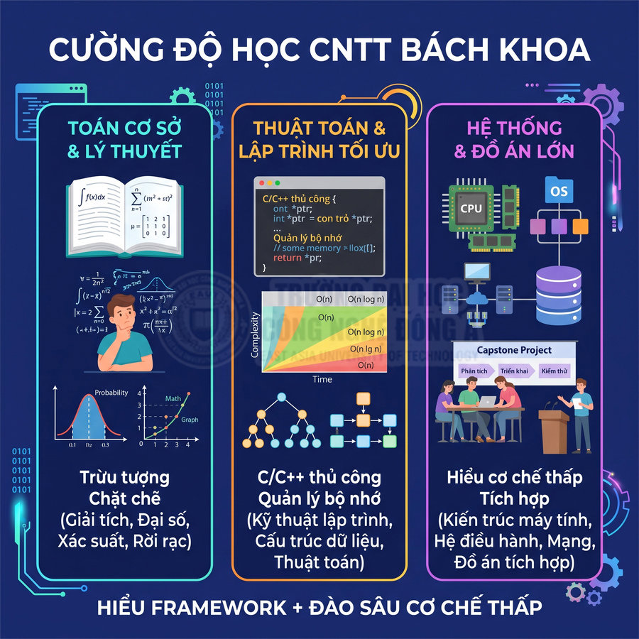 Infographic cường độ học ngành CNTT Bách Khoa với toán cơ sở, thuật toán lập trình và hệ thống đồ án lớn