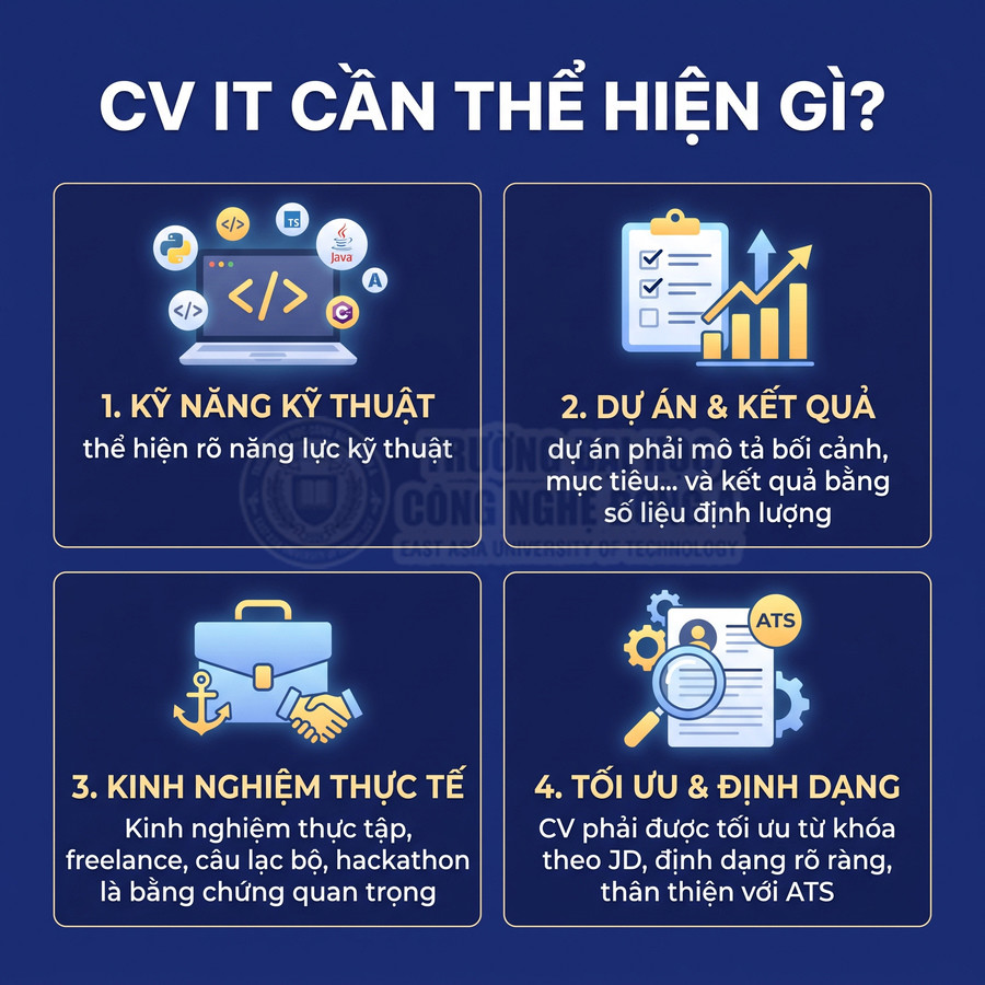 Nội dung hướng dẫn CV IT cần thể hiện kỹ năng kỹ thuật, dự án, kinh nghiệm thực tế và tối ưu định dạng ATS