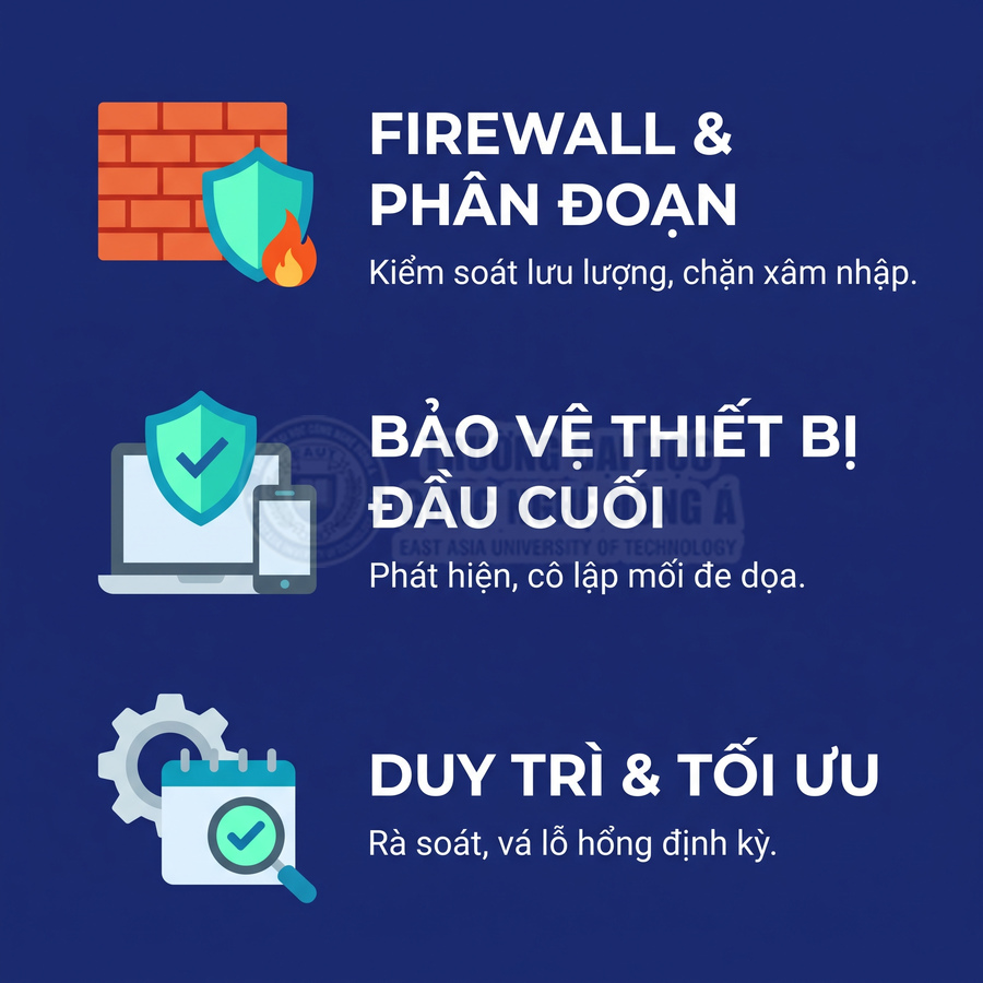 Giải pháp an ninh mạng gồm tường lửa phân đoạn, bảo vệ thiết bị đầu cuối và bảo trì hệ thống định kỳ