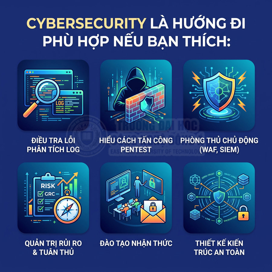 Hình minh họa các mảng nghề cybersecurity như phân tích log, pentest, phòng thủ chủ động, quản trị rủi ro, đào tạo, kiến trúc an toàn