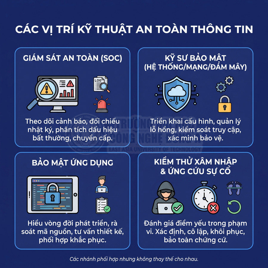 Các vị trí kỹ thuật an toàn thông tin gồm giám sát SOC, kỹ sư bảo mật, bảo mật ứng dụng và kiểm thử xâm nhập ứng cứu sự cố