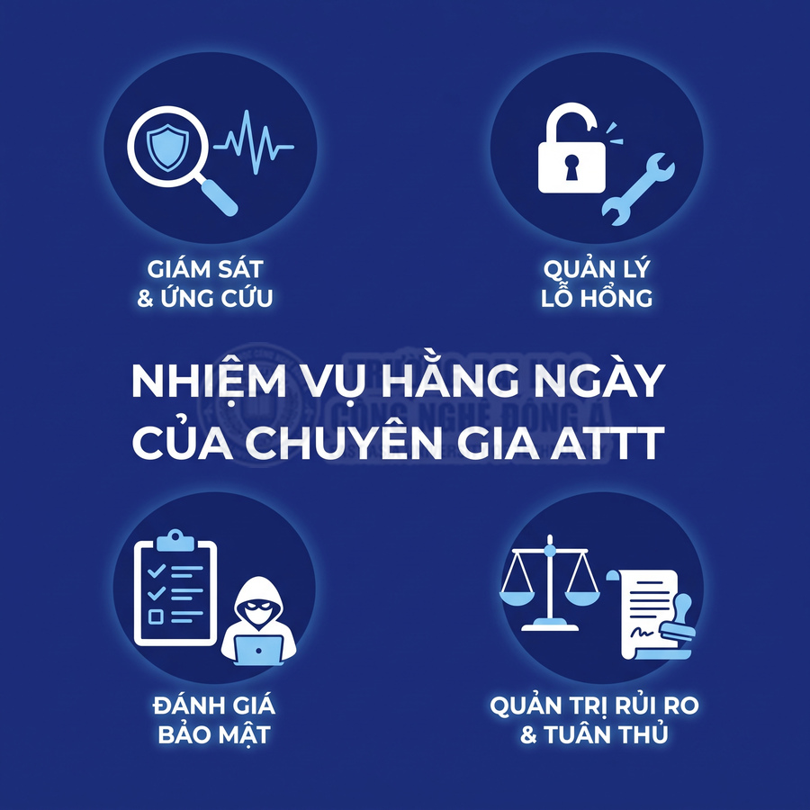 Nhiệm vụ hằng ngày của chuyên gia an toàn thông tin gồm giám sát, quản lý lỗ hổng, đánh giá bảo mật và quản trị rủi ro