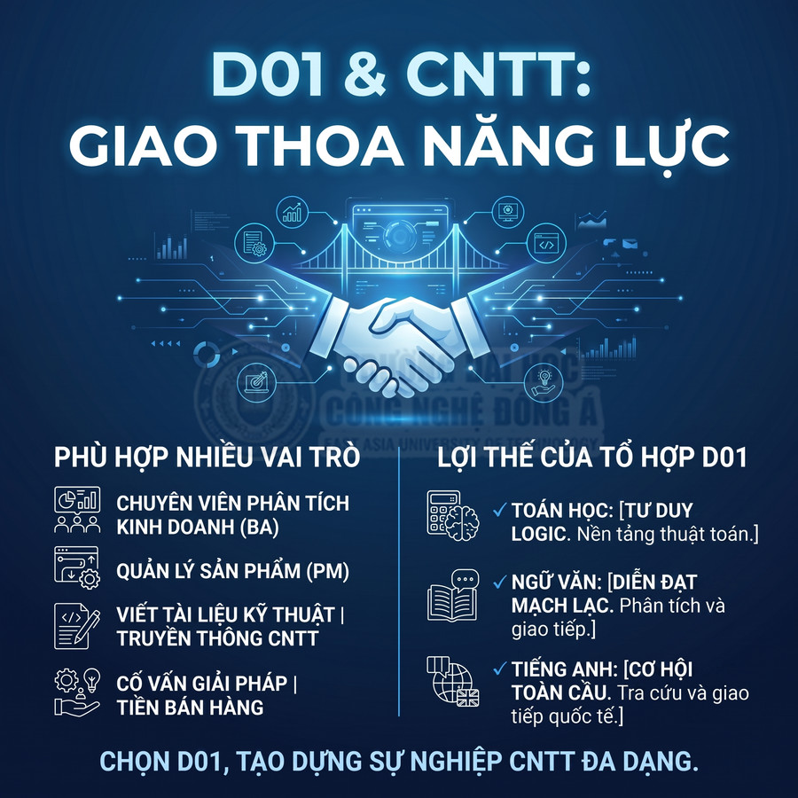 Poster tuyển sinh tổ hợp D01 ngành CNTT với hình ảnh bắt tay và các vai trò, lợi thế học tập