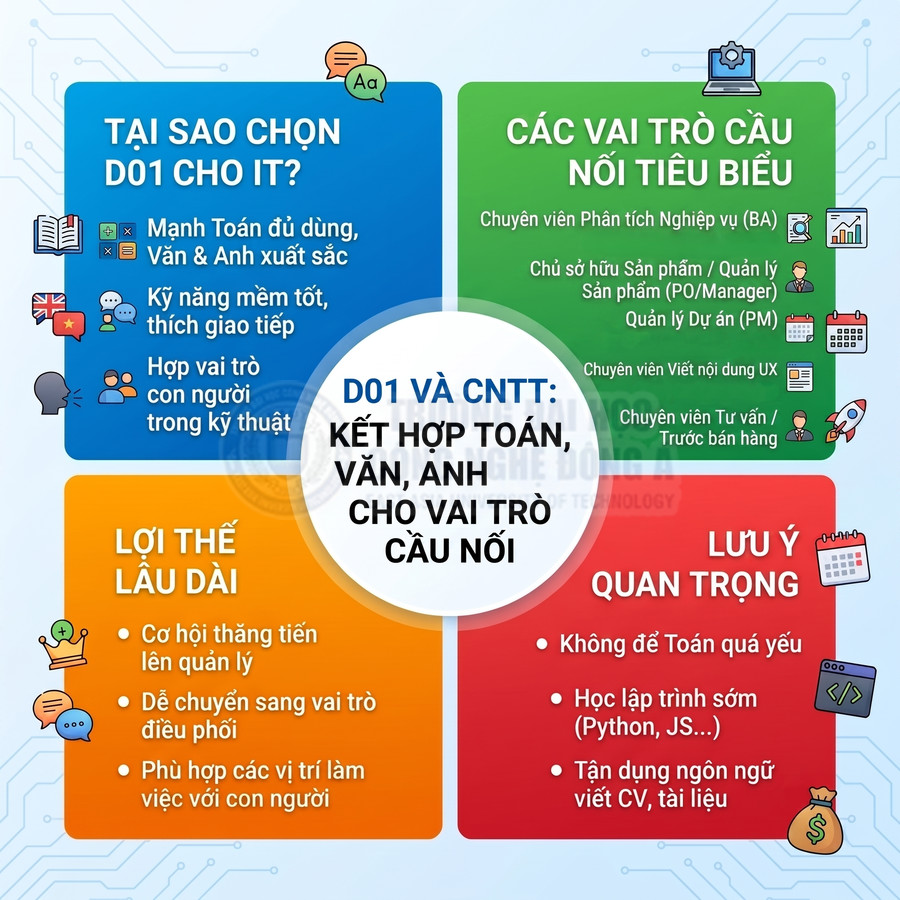 Infographic giới thiệu tổ hợp D01 kết hợp Toán Văn Anh với ngành CNTT và các vai trò cầu nối, cơ hội nghề nghiệp lâu dài