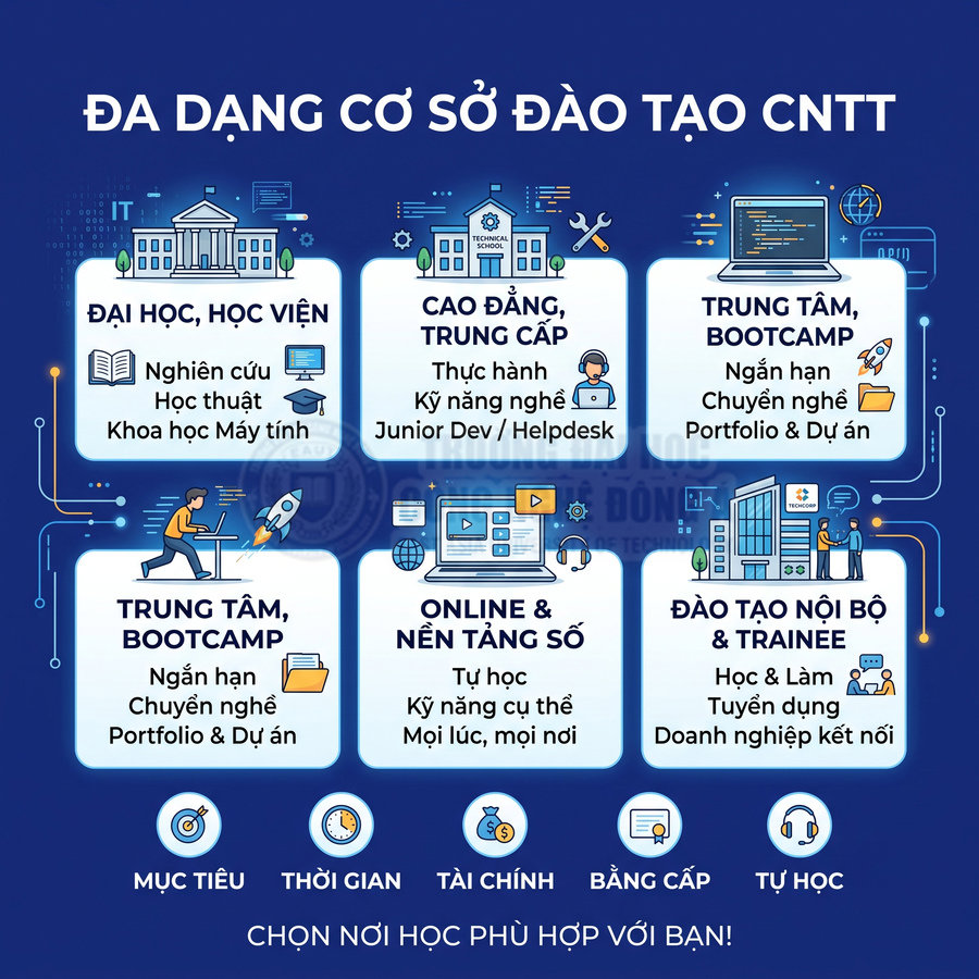 Các cơ sở đào tạo ngành Công nghệ thông tin hiện nay gồm những loại nào?