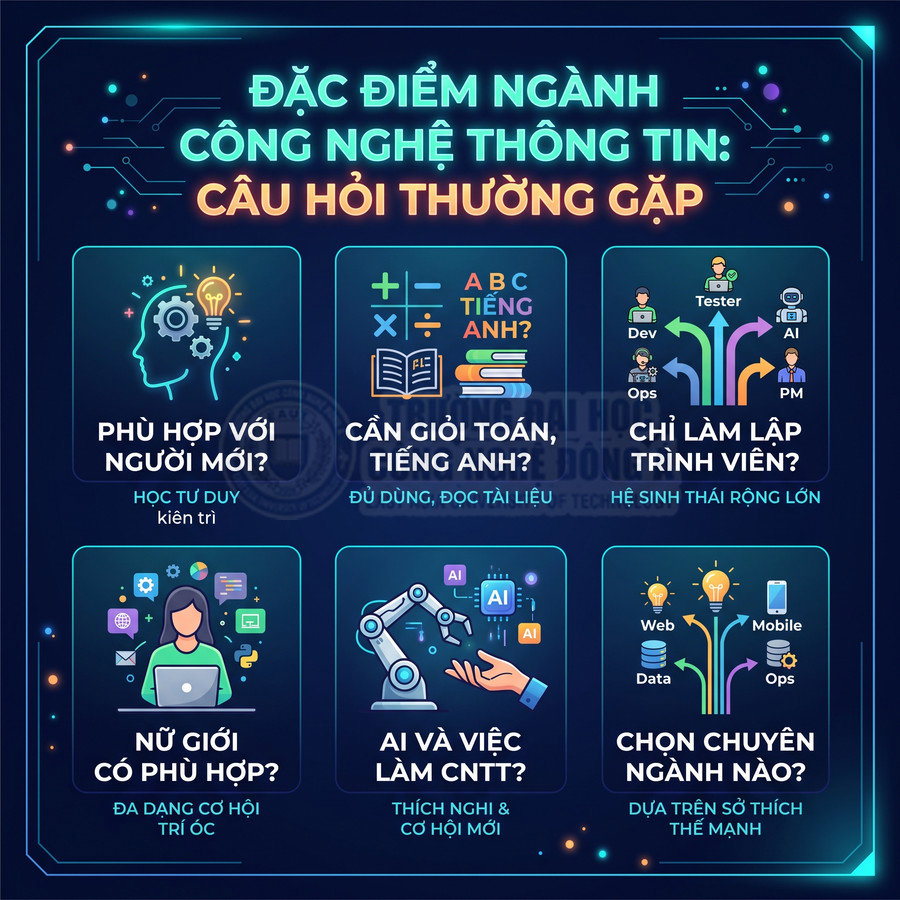 Infographic giới thiệu đặc điểm ngành công nghệ thông tin và giải đáp các câu hỏi thường gặp cho người mới