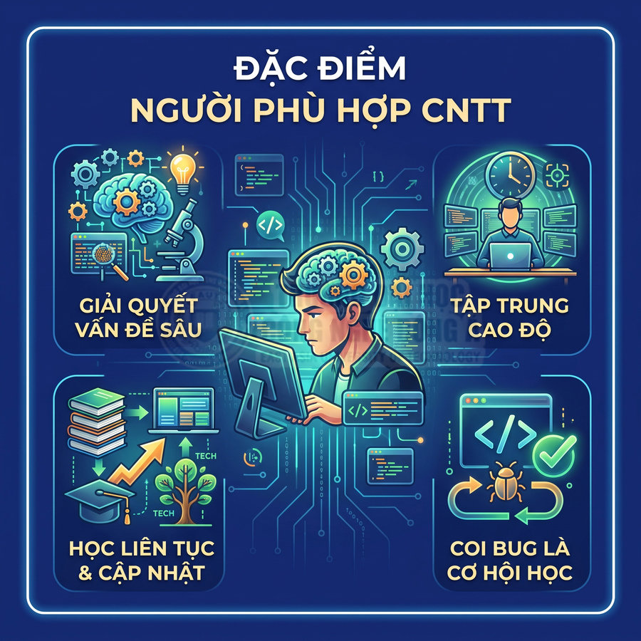 Đặc điểm người phù hợp ngành CNTT với minh họa lập trình viên, kỹ năng giải quyết vấn đề, tập trung và học liên tục