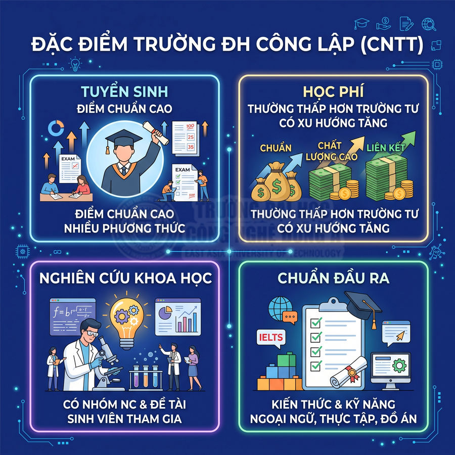 Infographic đặc điểm trường đại học công lập CNTT về tuyển sinh, học phí, nghiên cứu khoa học và chuẩn đầu ra