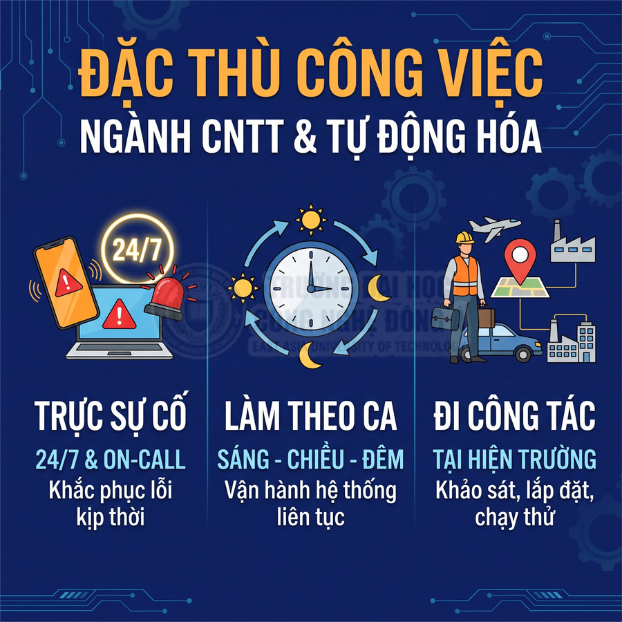 Đặc thù công việc ngành CNTT và tự động hóa gồm trực sự cố 24/7, làm theo ca và công tác tại hiện trường