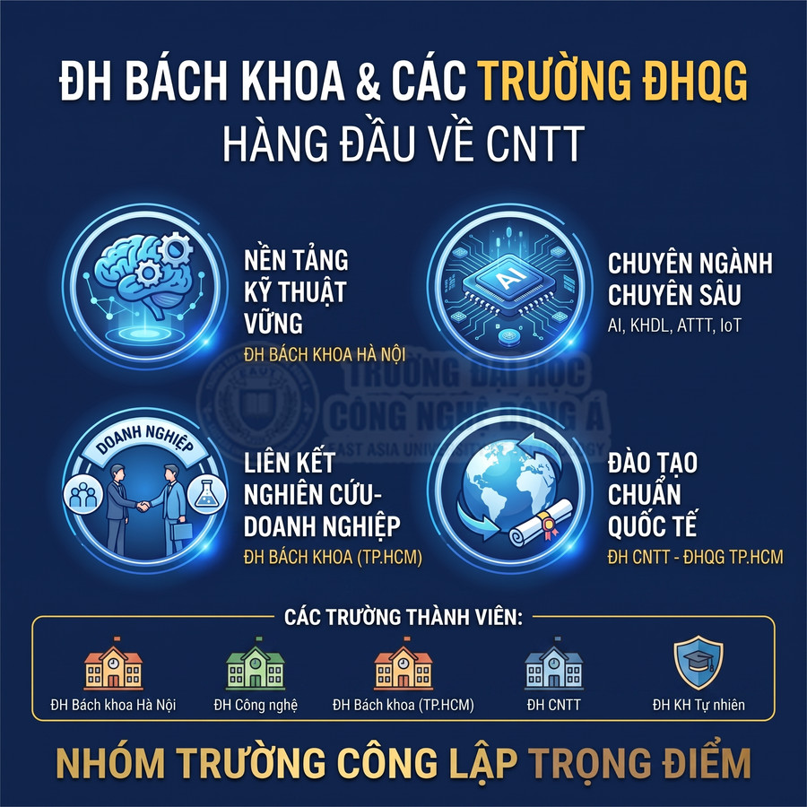 Infographic giới thiệu thế mạnh đào tạo CNTT của ĐH Bách khoa và các trường ĐHQG, nhấn mạnh kỹ thuật, AI và chuẩn quốc tế