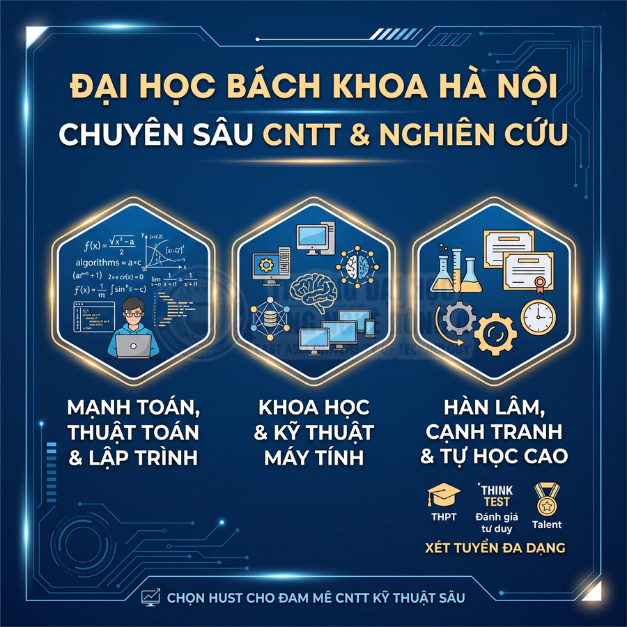 Poster tuyển sinh ngành CNTT Đại học Bách khoa Hà Nội, nhấn mạnh thế mạnh toán, khoa học máy tính và nghiên cứu