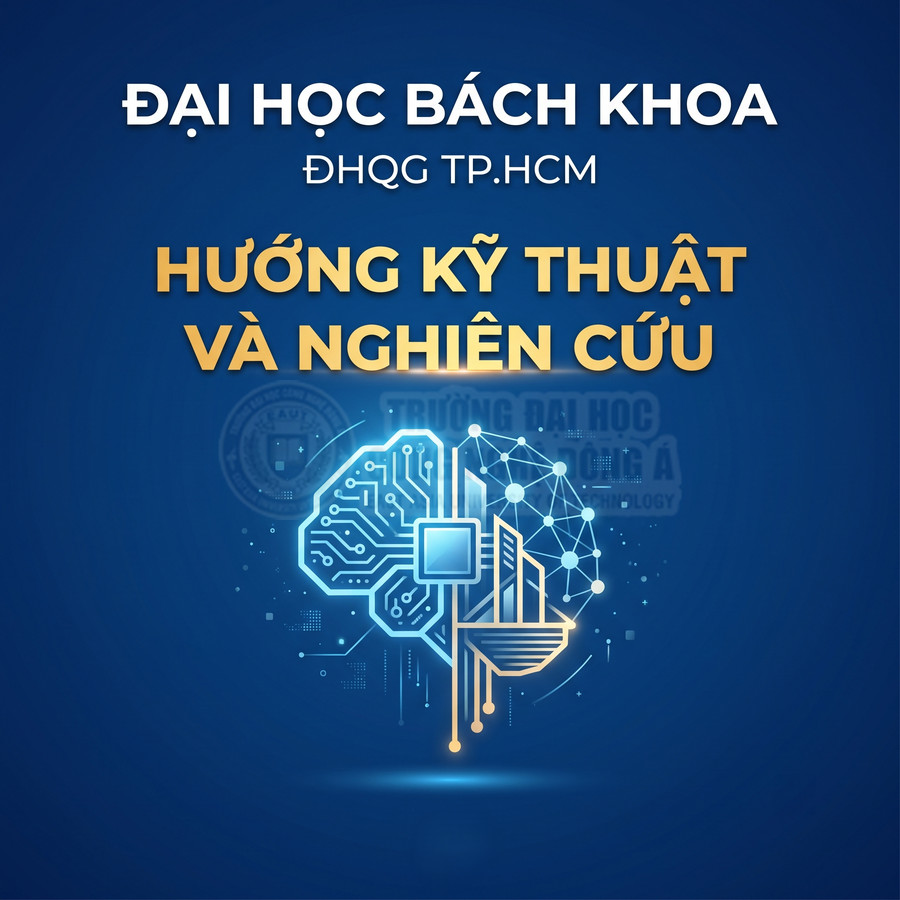 Poster Đại học Bách Khoa ĐHQG TP.HCM giới thiệu hướng kỹ thuật và nghiên cứu với biểu tượng não bộ công nghệ