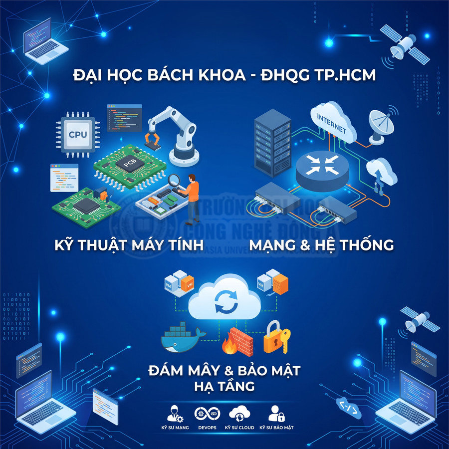 Poster ngành Kỹ thuật máy tính, mạng hệ thống, đám mây và bảo mật hạ tầng của Đại học Bách Khoa TP HCM