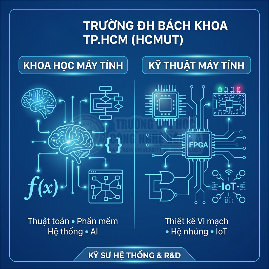 So sánh ngành khoa học máy tính và kỹ thuật máy tính tại ĐH Bách Khoa TP.HCM với các biểu tượng AI, vi mạch, IoT