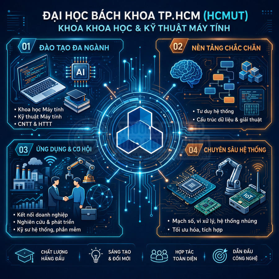 Infographic giới thiệu Khoa Khoa học và Kỹ thuật Máy tính Đại học Bách khoa TP.HCM với các ngành học và cơ hội nghề nghiệp