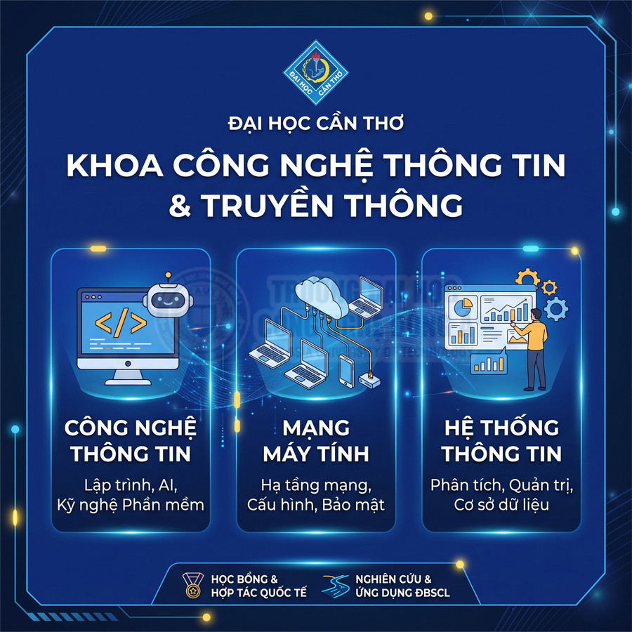 Poster giới thiệu Khoa Công nghệ Thông tin và Truyền thông Đại học Cần Thơ với ba ngành học chính