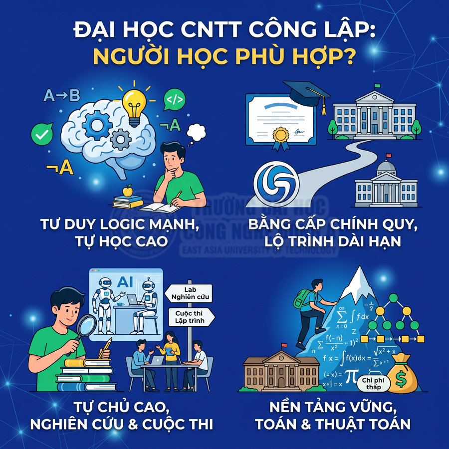 Infographic giới thiệu tiêu chí phù hợp học đại học công nghệ thông tin công lập, nhấn mạnh tư duy logic và nền tảng toán học