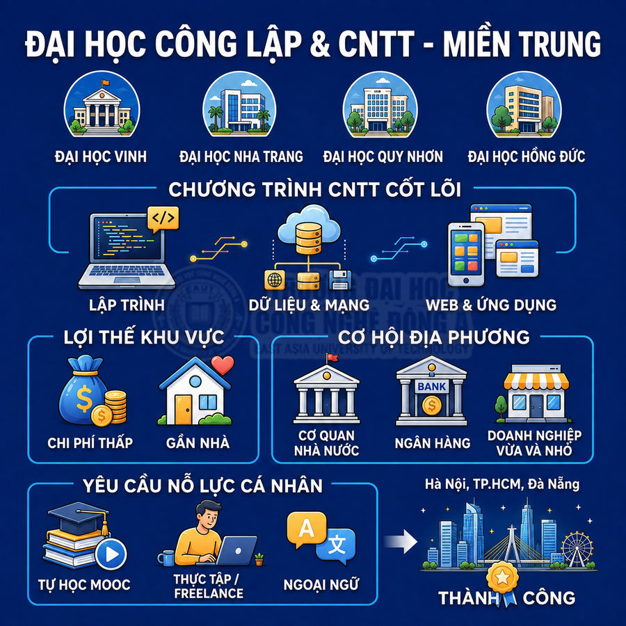 Infographic giới thiệu ngành CNTT tại các đại học công lập miền Trung, lợi thế khu vực và cơ hội việc làm địa phương