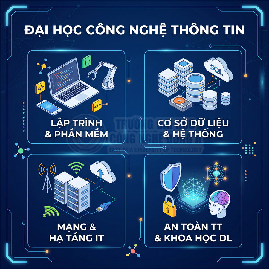 Các chuyên ngành công nghệ thông tin gồm lập trình, cơ sở dữ liệu, mạng, an toàn thông tin và khoa học dữ liệu