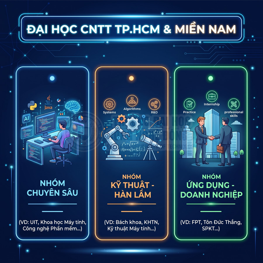 Infographic nhóm ngành đại học CNTT TP.HCM và miền Nam gồm chuyên sâu, kỹ thuật hàn lâm, ứng dụng doanh nghiệp