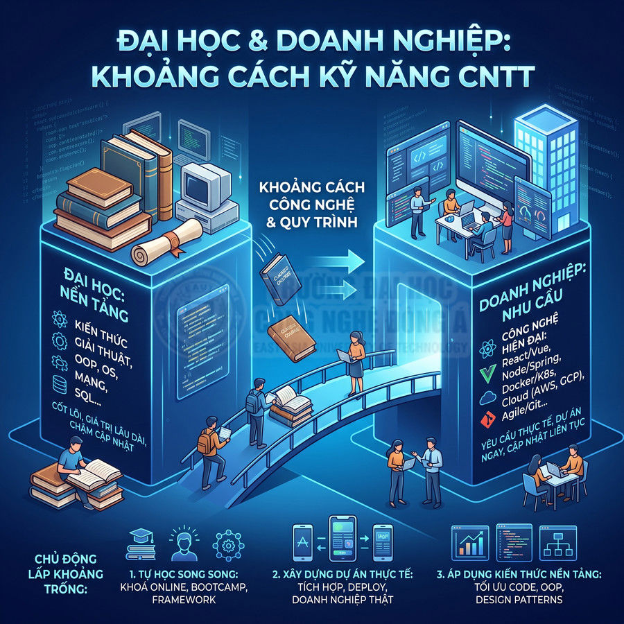 Infographic khoảng cách kỹ năng CNTT giữa đại học và doanh nghiệp, so sánh kiến thức nền tảng và nhu cầu công nghệ hiện đại