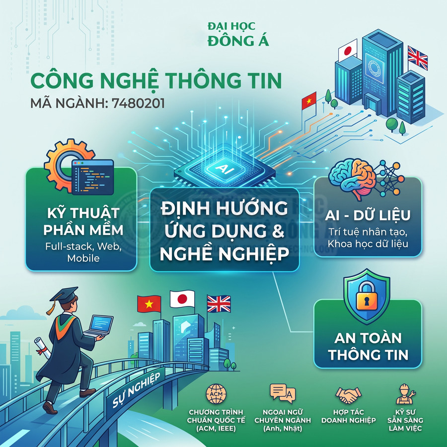 Tuyển sinh ngành Công nghệ thông tin Đại học Đông Á với các định hướng phần mềm, AI dữ liệu và an toàn thông tin