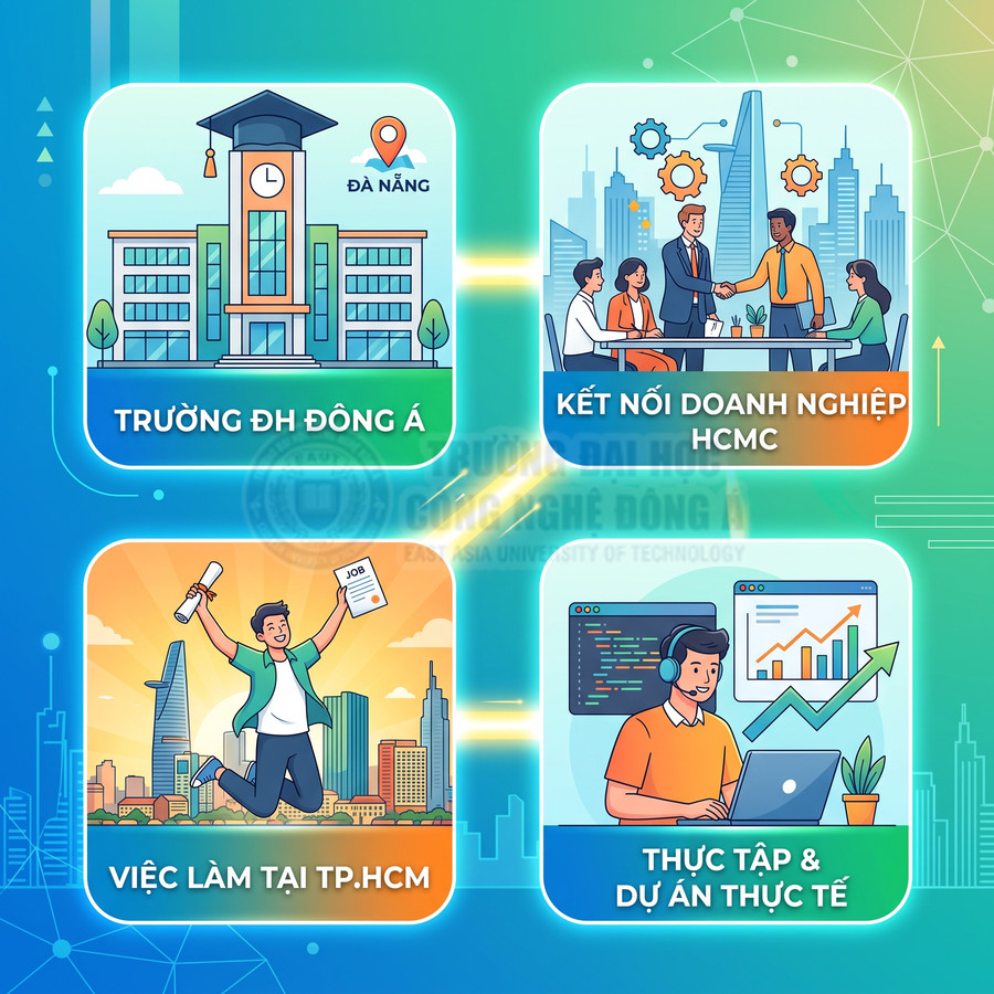 Poster Trường Đại học Đông Á giới thiệu kết nối doanh nghiệp HCMC, việc làm TP.HCM và thực tập dự án thực tế