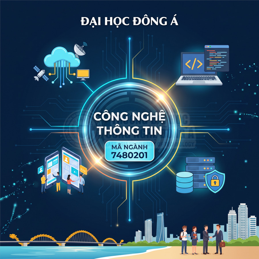 Ngành Công nghệ Thông tin mã 7480201 tại Đại học Đông Á với các biểu tượng lập trình và dữ liệu