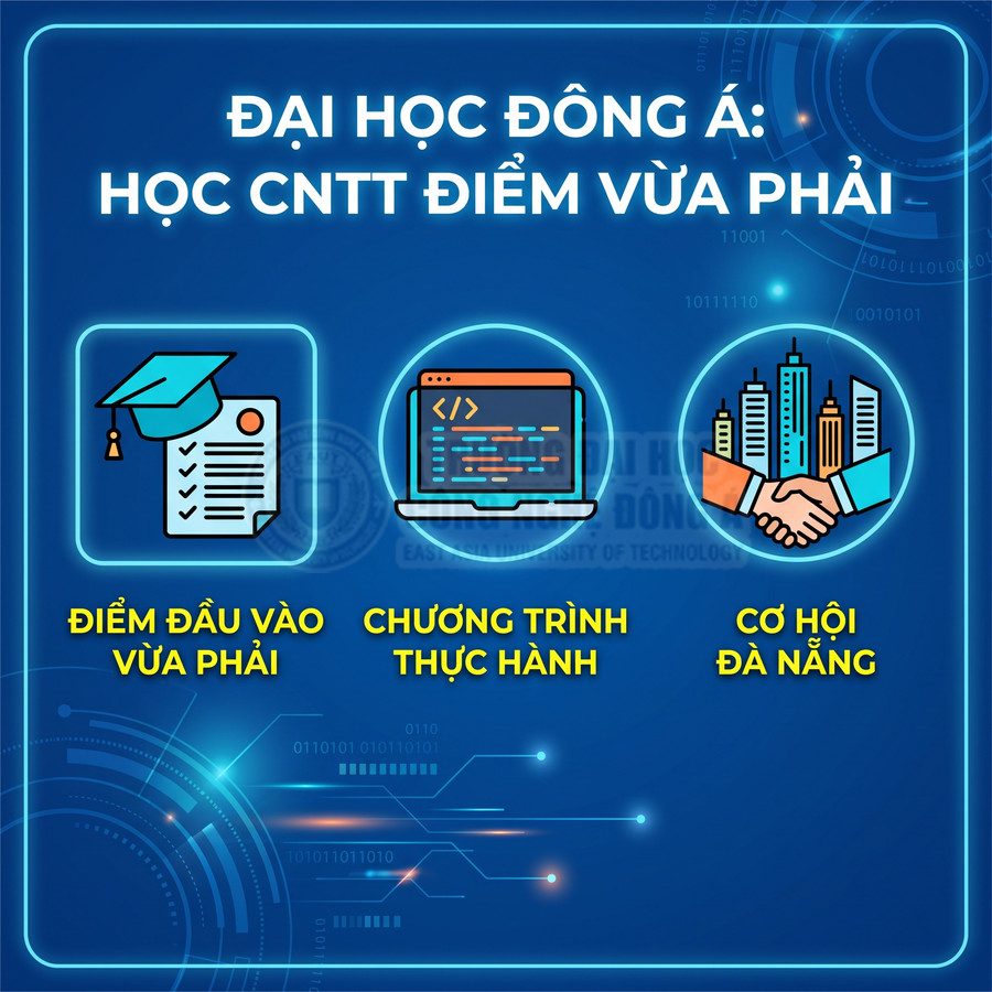 Poster tuyển sinh ngành CNTT Đại học Đông Á với điểm đầu vào vừa phải, chương trình thực hành và cơ hội việc làm đa dạng