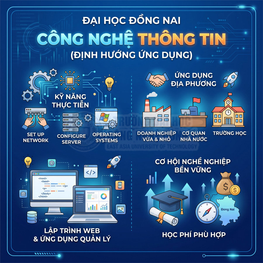 Poster giới thiệu ngành Công nghệ thông tin định hướng ứng dụng tại Đại học Đồng Nai với kỹ năng và cơ hội nghề nghiệp