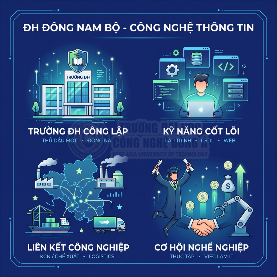 Poster giới thiệu ngành công nghệ thông tin ĐH Đông Nam Bộ với trường công lập, kỹ năng lập trình và cơ hội việc làm IT