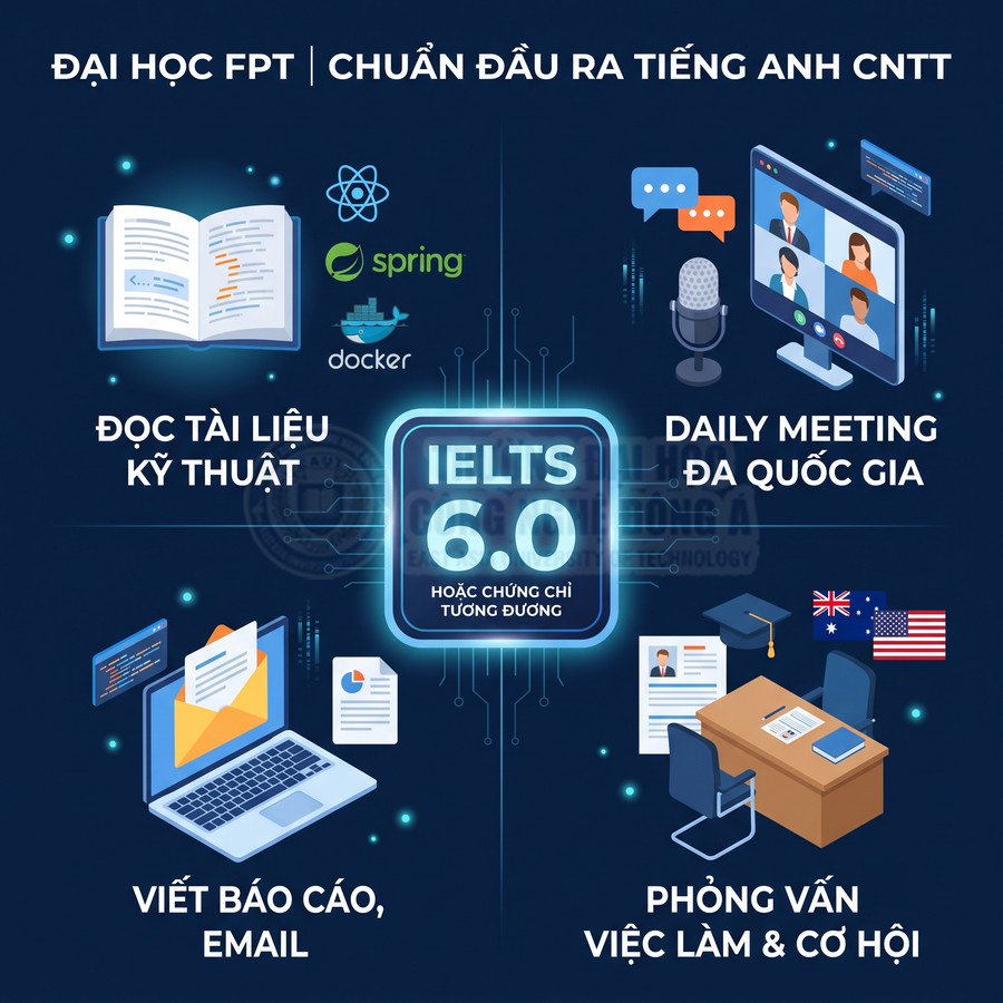Infographic chuẩn đầu ra tiếng Anh CNTT Đại học FPT yêu cầu IELTS 6.0 với kỹ năng đọc, viết, meeting và phỏng vấn