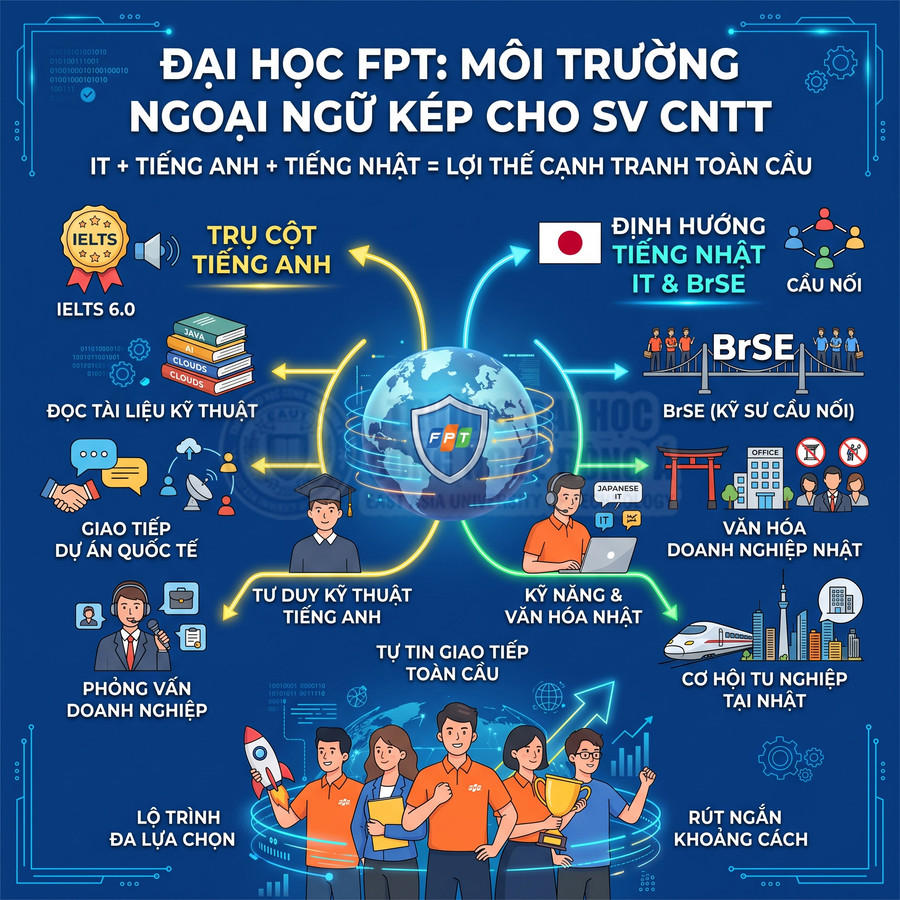 Infographic Đại học FPT giới thiệu chương trình CNTT với ngoại ngữ kép tiếng Anh và tiếng Nhật, cơ hội làm việc tại Nhật