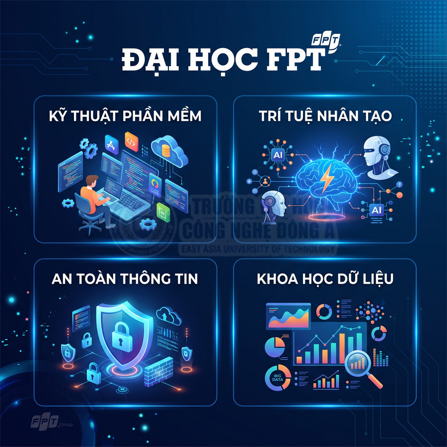 Poster giới thiệu các ngành Kỹ thuật phần mềm, Trí tuệ nhân tạo, An toàn thông tin, Khoa học dữ liệu tại Đại học FPT