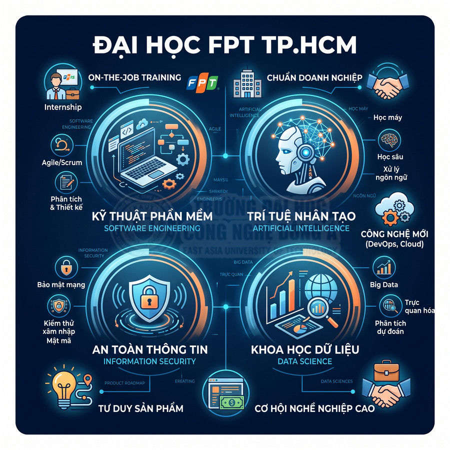 Infographic giới thiệu các ngành Kỹ thuật phần mềm, Trí tuệ nhân tạo, An toàn thông tin, Khoa học dữ liệu tại Đại học FPT TP.HCM