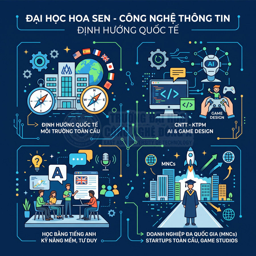 Poster ngành Công nghệ thông tin định hướng quốc tế của Đại học Hoa Sen với các cơ hội học tập và việc làm