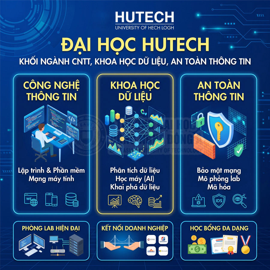 Poster giới thiệu các ngành Công nghệ thông tin, Khoa học dữ liệu, An toàn thông tin của Đại học HUTECH