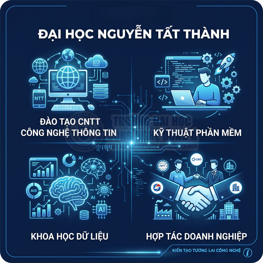 Poster giới thiệu ngành CNTT, khoa học dữ liệu, kỹ thuật phần mềm và hợp tác doanh nghiệp của Đại học Nguyễn Tất Thành