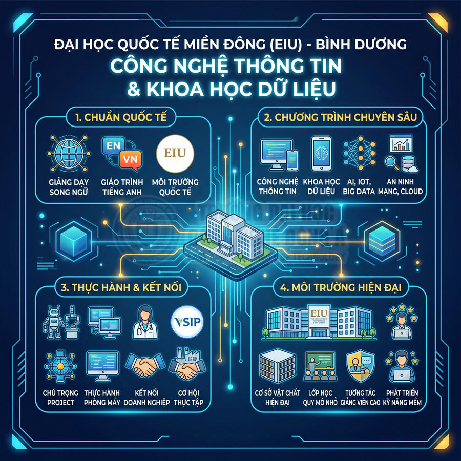 Infographic giới thiệu ngành Công nghệ thông tin và Khoa học dữ liệu tại Đại học Quốc tế Miền Đông EIU