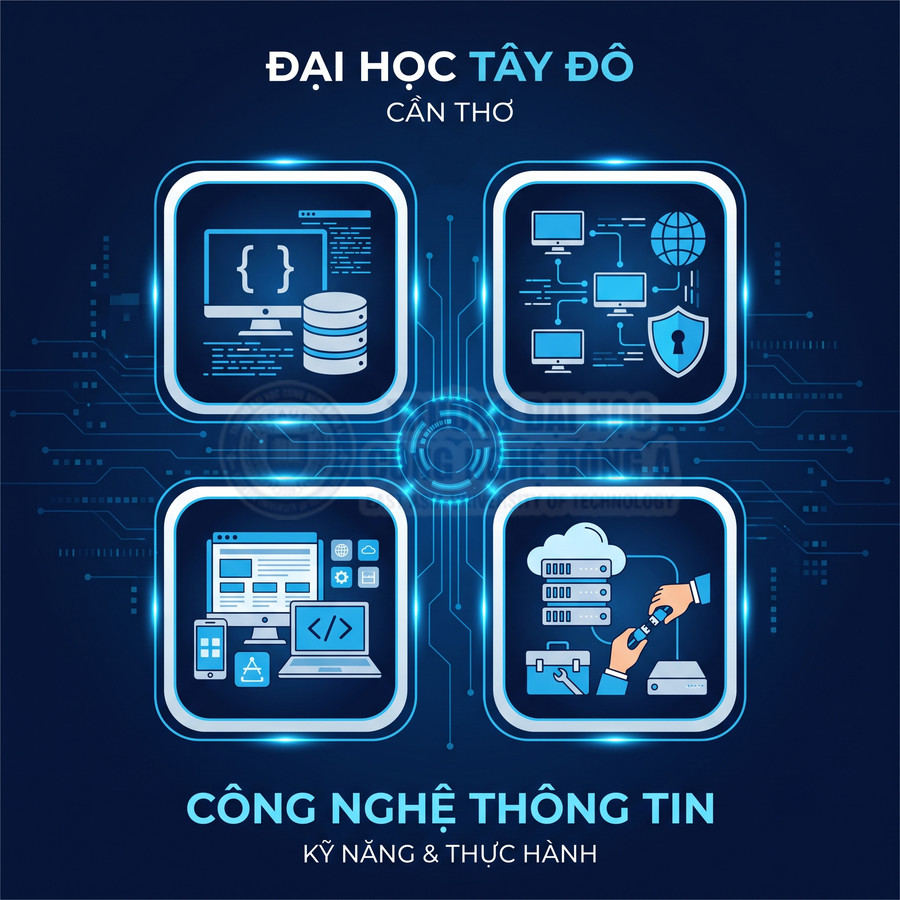 Poster ngành Công nghệ thông tin Đại học Tây Đô Cần Thơ với các biểu tượng lập trình, mạng, web và quản trị hệ thống