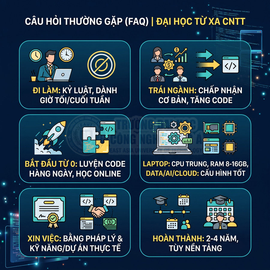 Infographic câu hỏi thường gặp về chương trình đại học từ xa CNTT, yêu cầu laptop, luyện code, học online và xin việc